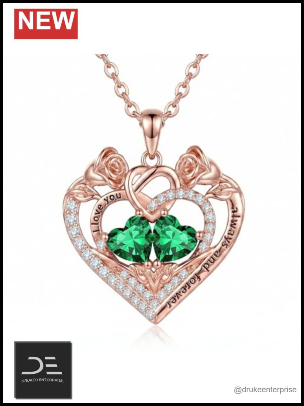 14K Rose Gold Plated Double Heart Birthstone Pendant Necklace